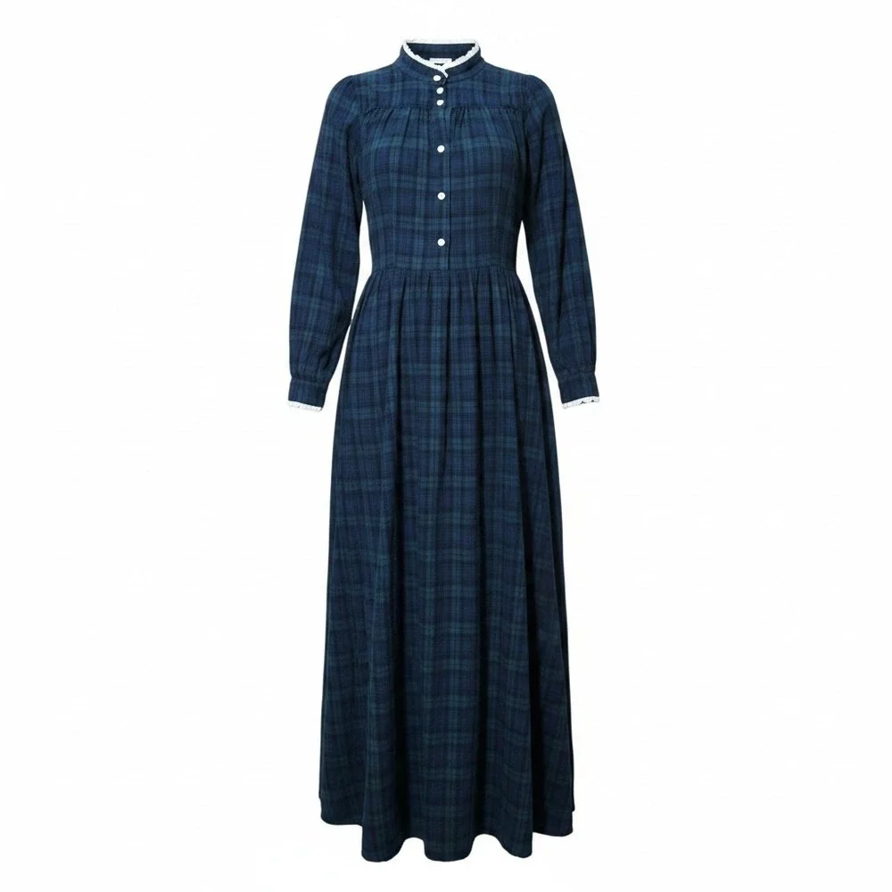 Lanz of Salzburg Green Blue Plaid Flannel Nightgown Maxi Lace Trim PM - Picture 1 of 13